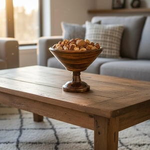 May include: A wooden bowl filled with mixed nuts is displayed on a rustic wooden coffee table. The bowl has a pedestal base and a flared rim. The table is made of light brown wood. The background includes a grey sofa and a patterned rug.