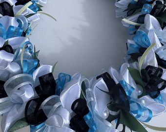 Turquoise Black White Ribbon Lei with Pearls, Graduation Gift