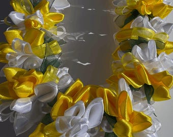 Yellow White Plumeria Ribbon Lei – Adjustable Graduation Accessory