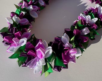4 color ribbon plumeria lei with white pearls