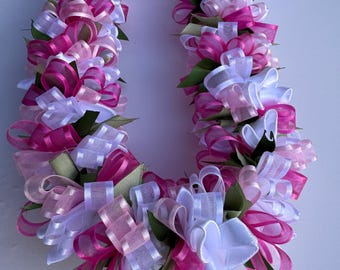 Hot pink and white plumeria lei with white pearls