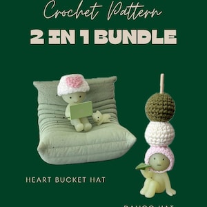 Może przedstawiać: Na ciemnozielonym tle tekst "Crochet Pattern 2 IN 1 BUNDLE". Obraz przedstawia dwa wzory czapek szydełkowych: kapelusz z sercem i czapkę dango. Kapelusz z sercem jest biały z różowym sercem. Czapka dango jest różowa, biała i zielona.