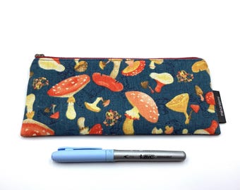 Second - Mushroom Print Pen Case: Japanese Cotton Linen Zipper Pouch