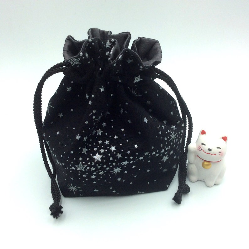 Star print Japanese cotton drawstring bag black & silver image 4