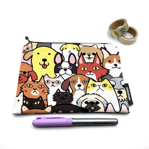 Cats & dogs print cotton zipper bag (small)