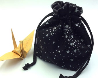 Star print Japanese cotton drawstring bag - black & silver