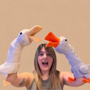 Op de afbeelding: Twee handgemaakte gehaakte ganzenpoppen. Eén is wit met een gele snavel en de andere is lichtblauw met een oranje snavel. De poppen worden voor een persoon omhoog gehouden.