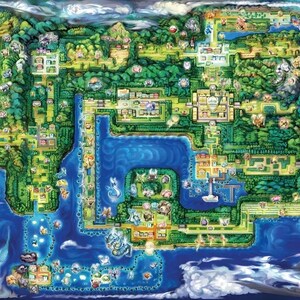 Póster retro de reimpresión de juegos con el mapa de Pokémon Kanto, arte de pared