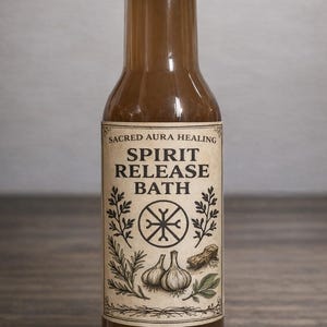 May include: A glass bottle with a black cap, containing a brown liquid. The label reads "Sacred Aura Healing Spirit Release Bath" with botanical illustrations. The bottle is on a wooden surface.