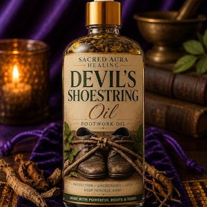 May include: A clear glass bottle of Devil's Shoestring Oil with a gold cap and dropper. The label features text and an illustration of two brown shoes tied together with twigs. The bottle is surrounded by herbs, a purple bag, and a lit candle.