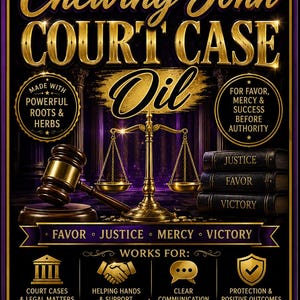 May include: A decorative graphic with gold lettering on a black and purple background. The text reads "Chewing John Court Case Oil" with additional text about its uses and ingredients. Includes images of scales, a gavel, and books.