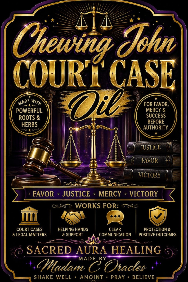 May include: A decorative graphic with gold lettering on a black and purple background. The text reads "Chewing John Court Case Oil" with additional text about its uses and ingredients. Includes images of scales, a gavel, and books.