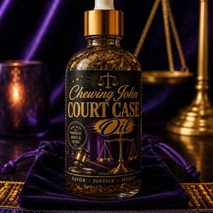 May include: A glass bottle of "Chewing John Court Case Oil" with a gold cap and dropper. The label is black and purple with gold lettering and images of scales and a gavel. The bottle is filled with herbs and roots and sits in a purple velvet bag.