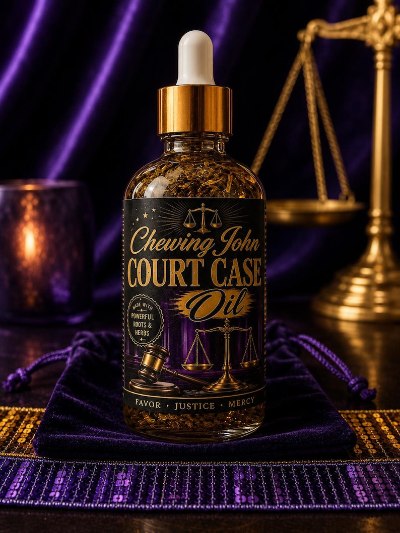 May include: A glass bottle of "Chewing John Court Case Oil" with a gold cap and dropper. The label is black and purple with gold lettering and images of scales and a gavel. The bottle is filled with herbs and roots and sits in a purple velvet bag.