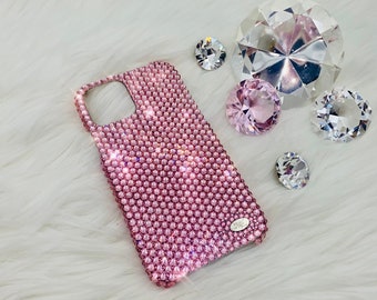 Baby Pink Light Rose SWAROVSKI Crystal Diamond Rhinestone BLING Handmade Back Case for iPhone 15 Pro Max Plus Mini 14 13 12 11 Xs Xr X 8 7