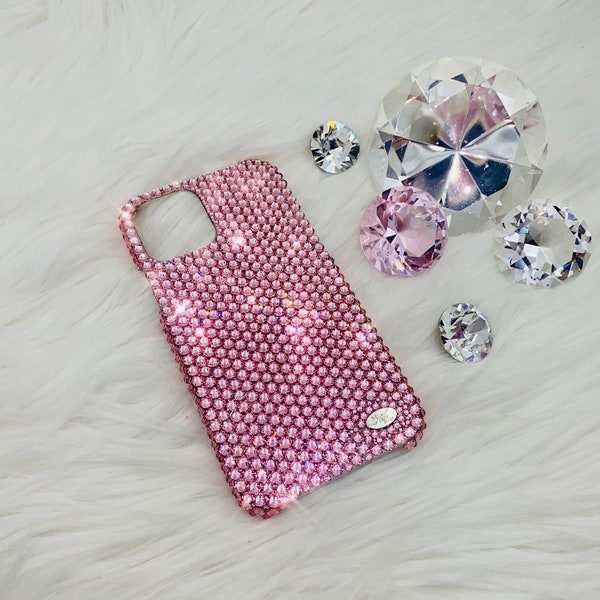 Baby Pink Light Rose SWAROVSKI Crystal Diamond Rhinestone BLING Handmade Back Case for iPhone 15 Pro Max Plus Mini 14 13 12 11 Xs Xr X 8 7