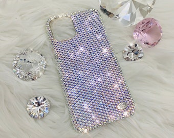 Small 12ss Iridescent Crystal AB Rhinestone BLING Back Case made w/ Preciosa Crystals iPhone 15 Pro Max Plus Mini 14 13 12 11 Xs Xr X