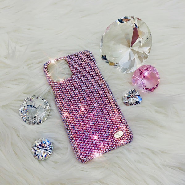 Small 12ss Iridescent Pink-Light Rose AB BLING Back Case handmade w/Swarovski Crystals for iPhone 15 Pro Max Plus Mini 14 13 12 11 Xs Xr X