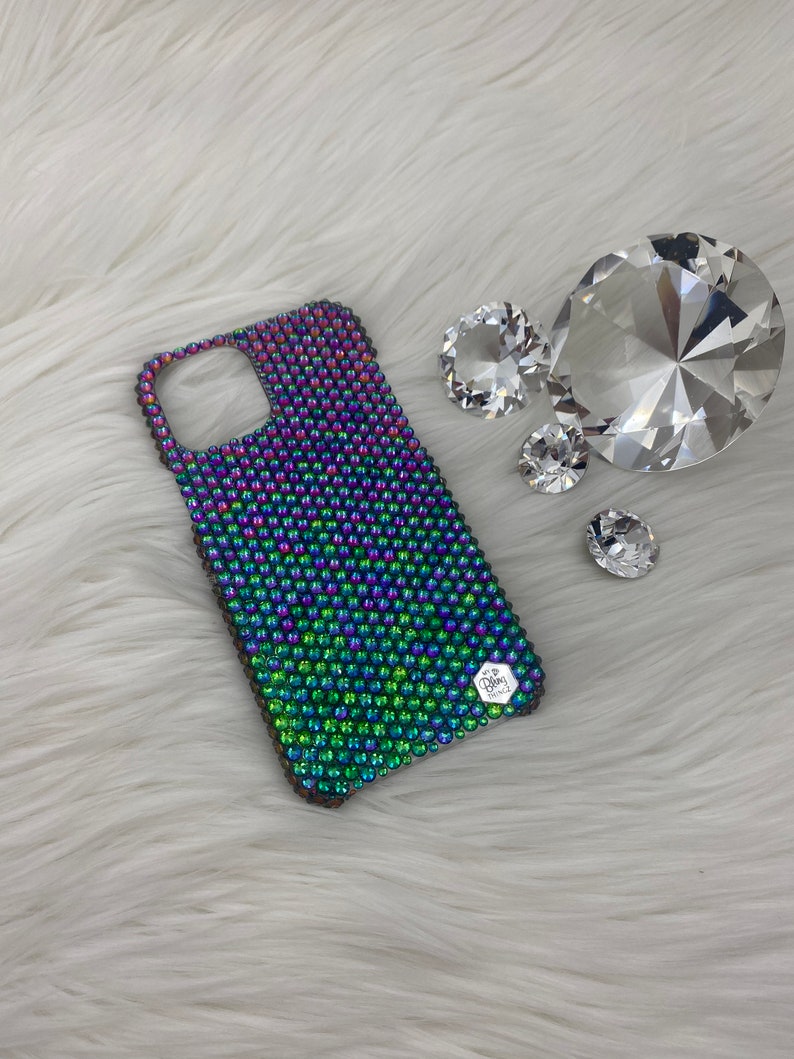 Green Color Shifting Premium Glass Crystal Diamond Rhinestone BLING Handmade Back Case for iPhone 15 Pro Max Plus Mini 14 13 12 11 Xs X 8 SE image 3