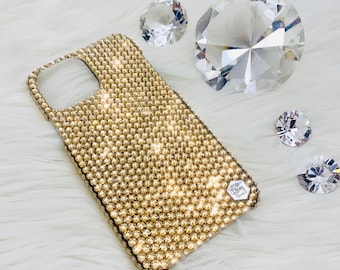 Luxury Gold Golden Shadow Crystals from SWAROVSKI Diamond Rhinestone BLING Back Case for iPhone 16 Pro Max Plus 15 14 13 12 11 Xs Xr X