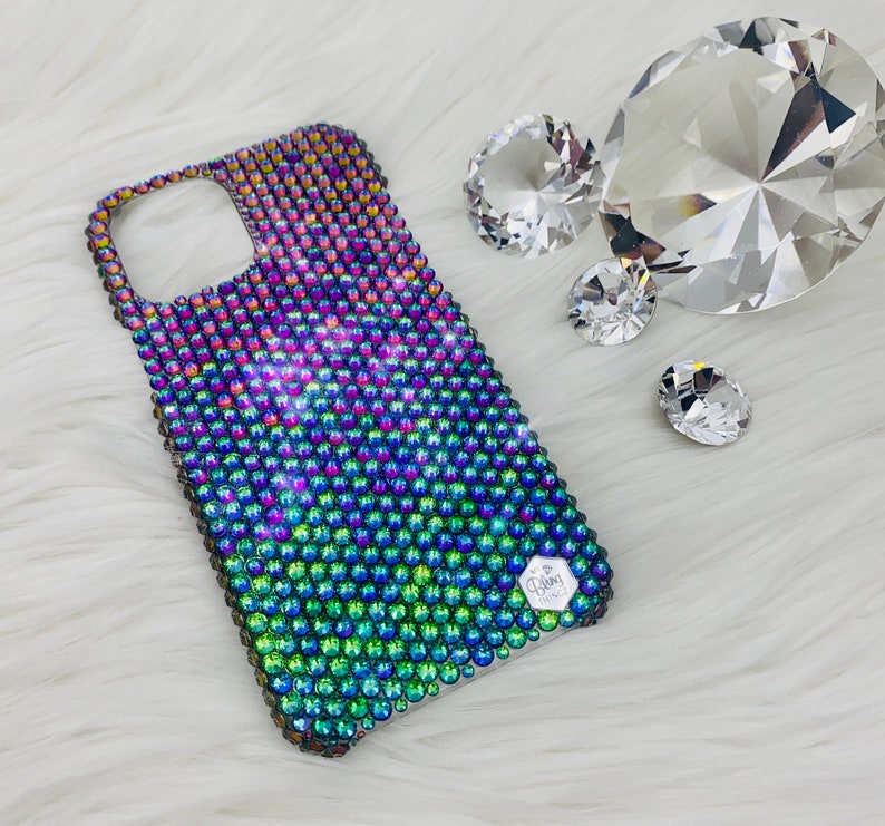 Green Color Shifting Premium Glass Crystal Diamond Rhinestone BLING Handmade Back Case for iPhone 15 Pro Max Plus Mini 14 13 12 11 Xs X 8 SE image 2