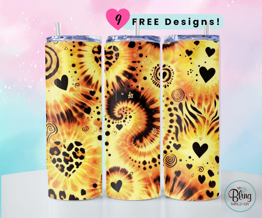 Leopard Heart Tie Dye Tumbler Wrap 20oz Straight Sublimation PNG Yellow ...