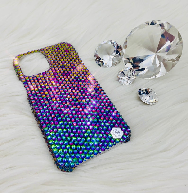 Green Color Shifting Premium Glass Crystal Diamond Rhinestone BLING Handmade Back Case for iPhone 15 Pro Max Plus Mini 14 13 12 11 Xs X 8 SE image 1