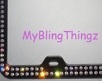 2 Rows Clear BLING Inset / Embedded Rhinestone on Black License Plate Frame made with Swarovski Crystals *