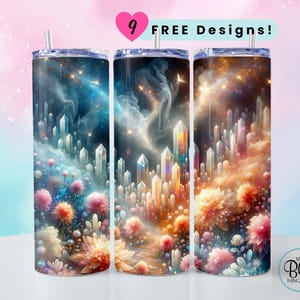 Puede incluir: Tres vasos de acero inoxidable con un diseño celestial con cristales, flores y un cielo de ensueño en tonos azules, naranjas y rosas. Cada vaso tiene una pajita y el texto "9 FREE Designs!" es visible.
