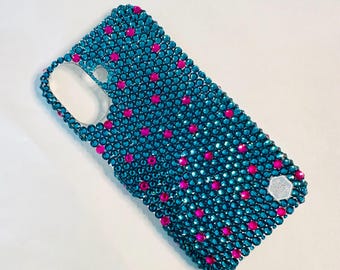 Luxe Blue Zircon w/ Scattered Hot Pink Premium Glass Crystal Diamond Rhinestone BLING Handmade Back Case for iPhone 17 Air Pro Max 16 15 14