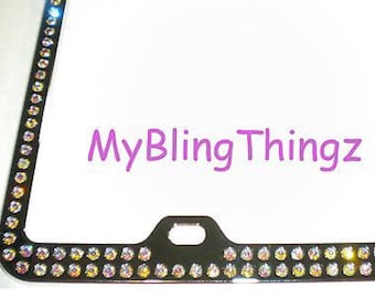 2 Rows Iridescent Crystal AB BLING Inset / Embedded Rhinestone Silver Chrome License Plate Frame handmade with Swarovski Crystals *