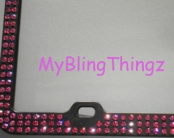 3 Rows Rose Pink Crystal BLING Inset / Embedded Rhinestone on Black License Plate Frame handmade using 100% Swarovski Crystals *