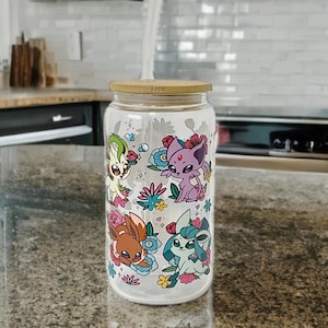 16oz Beer Can Glass Cup Tumbler | Pocket Monsters | PKMN | Iced Coffee | Kawaii | Poke | Floral | Matcha | Boba |Year of Eeveelution