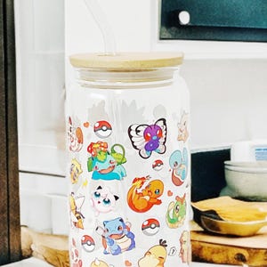 16oz Beer Can Glass Cup Tumbler | Pocket Monsters | PKMN | Iced Coffee | Kawaii | Poke | Floral | Matcha | Boba | pika | eevee | Growlithe