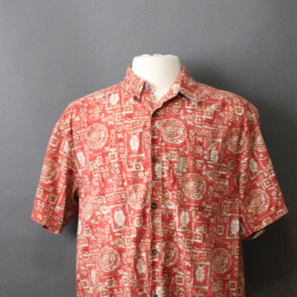 Columbia Casual Sportsmans Shirt. Batik Style Fish Print Shirt. Red Rust Bronze Color. Vintage. Mens Size Large. Gogovintage. Free Shipping