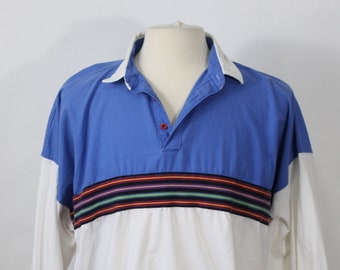 Roper Western Pullover Shirt. Vintage. Casual Dress. White Blue Rainbow Stripe Shirt. Size Large. Gogovintage. Free Shipping