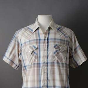 Mens Western Shirt. Plaid Print. Beige Blue. Cowboy Shirt. Vintage. Size Large
