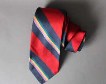 Mens Red Navy Stripe Tie. Dress Tie. Silk Tie. Vintage. Office. Gogovintage. Free Shipping