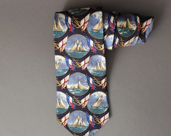 Tall Sailing Ships Print Tie. Maritime Tie. Nautical. Silk Tie. Blue Multi Color Print Tie. Dress Tie. Gogovintage. FREE SHIPPING