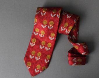 Zegna Tie. Abstract Floral Print Tie. Silk Tie. Red Gold. Vintage. Office Tie. Gogovintage. Free Shipping
