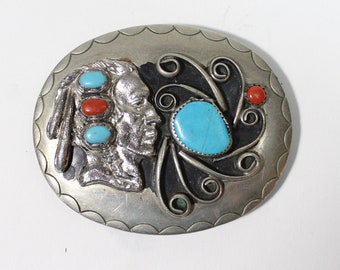 Western Native German Silver Belt Buckle. Vintage. Inlaid Faux Turquoise Coral. Gogovintage. Free Shipping