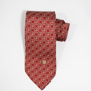 90&#39;s Celine Modern Rococo Logo Print Silk Tie. Vintage. Red With Gold Design. Dress Tie. Gogovintage. Free Shipping