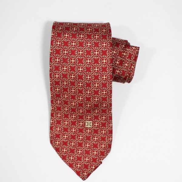 90's Celine Modern Rococo Logo Print Silk Tie. Vintage. Red With Gold Design. Dress Tie. Gogovintage. Free Shipping