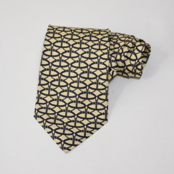 Paolo Gucci Dress Tie. Vintage. Pale Yellow Navy Blue Interlinked Belt Pattern Tie. Silk Tie. Luxury Tie. Gogovintage. Free Shipping