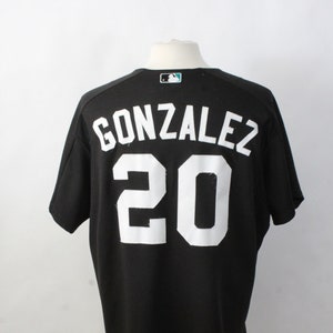 Vintage Luis Gonzalez #20 Majestic Diamond Backs Black Button Sewn Patch Rattler AZ Jersey. Size Large