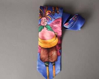 Cirque Du Soliel Tie. World Premiere Mystere 1993 Tie. Art Tie. Blue Orange Purple Character Tie. Silk. Vintage. Gogovintage. Free Shipping