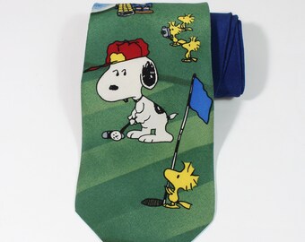 Peanuts Snoopy Gang Golfing Print Silk Tie. Birdie On The Green. Multi Color Design. Vintage. Gogovintage. Free Shipping
