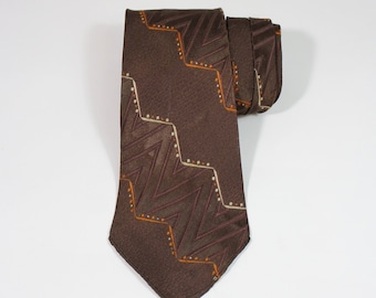 1930s 40s Marlboro Cravat Art Deco Design Dress Tie. Brown Orange White Pattern. Rare Vintage. Gogovintage. Free Shipping