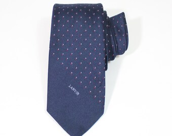 Lanvin Navy Blue Dress Tie. Vintage. Navy Blue White Red Dot Pattern Tie. Gogovintage. Free Shipping