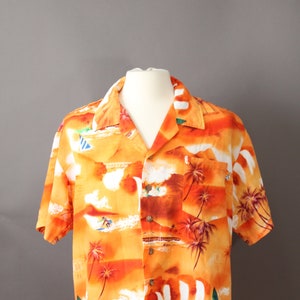 Large-XL. Orange D'Avila Vintage Silky Vacation Shirt Tiki Tropical Lounge Shirt White w Brown Beach Vacation